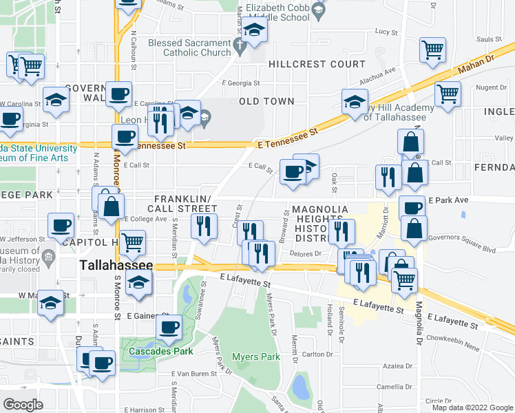 map of restaurants, bars, coffee shops, grocery stores, and more near 724 East College Avenue in Tallahassee