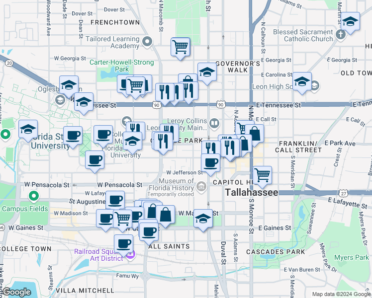 map of restaurants, bars, coffee shops, grocery stores, and more near 418 West College Avenue in Tallahassee