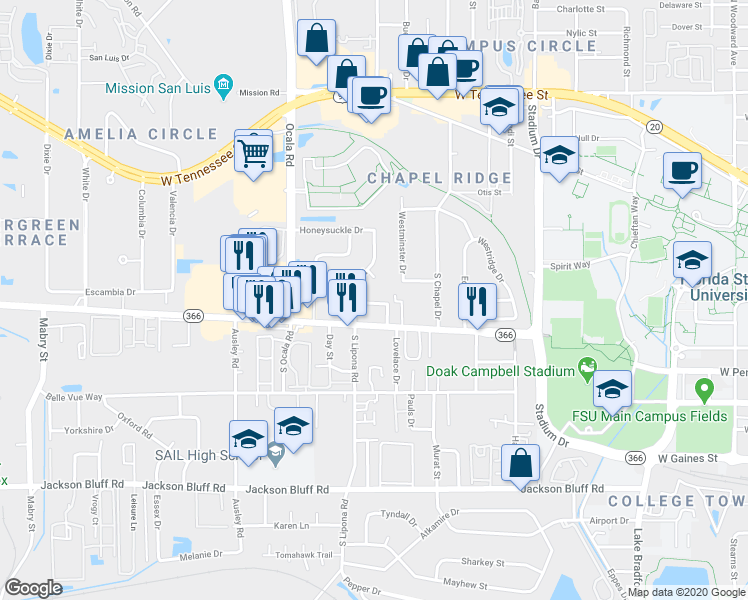 map of restaurants, bars, coffee shops, grocery stores, and more near 1857 Ivy Lane in Tallahassee