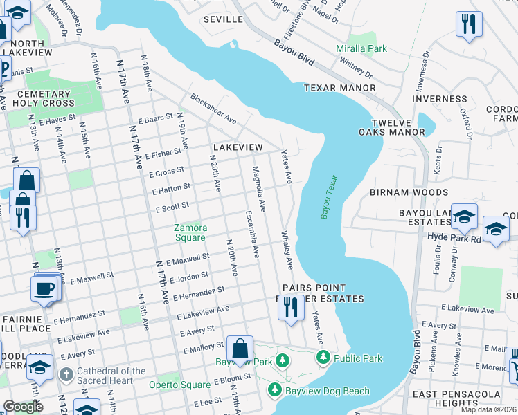 map of restaurants, bars, coffee shops, grocery stores, and more near 2311 Magnolia Avenue in Pensacola