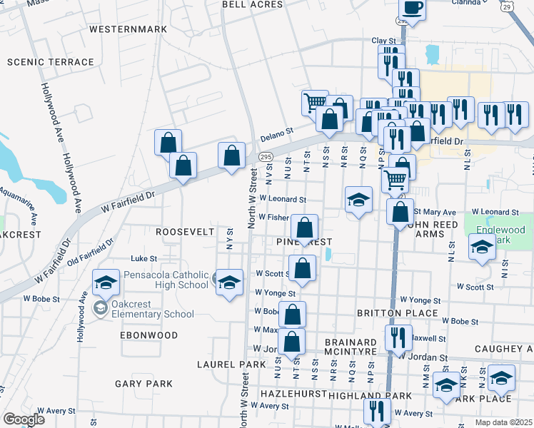 map of restaurants, bars, coffee shops, grocery stores, and more near 2723 West Fisher Street in Pensacola