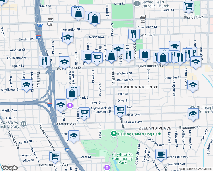 map of restaurants, bars, coffee shops, grocery stores, and more near 1800 Cherokee Street in Baton Rouge