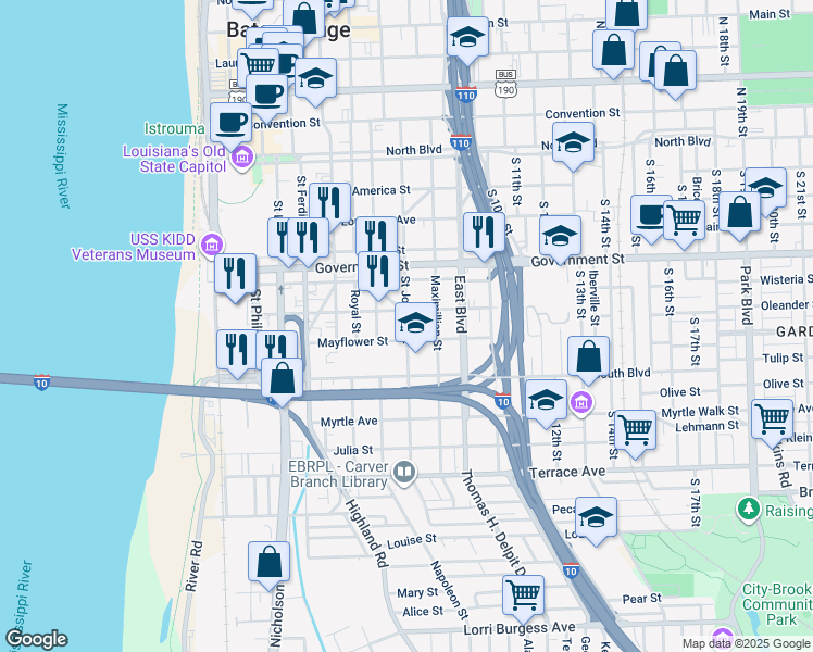 map of restaurants, bars, coffee shops, grocery stores, and more near 811 Mayflower Street in Baton Rouge