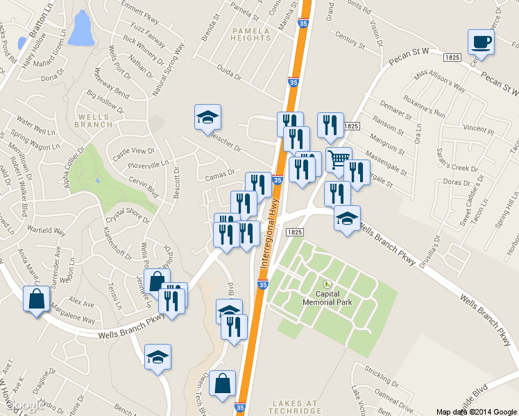 map of restaurants, bars, coffee shops, grocery stores, and more near 14830 South Interstate 35 Frontage Road in Austin