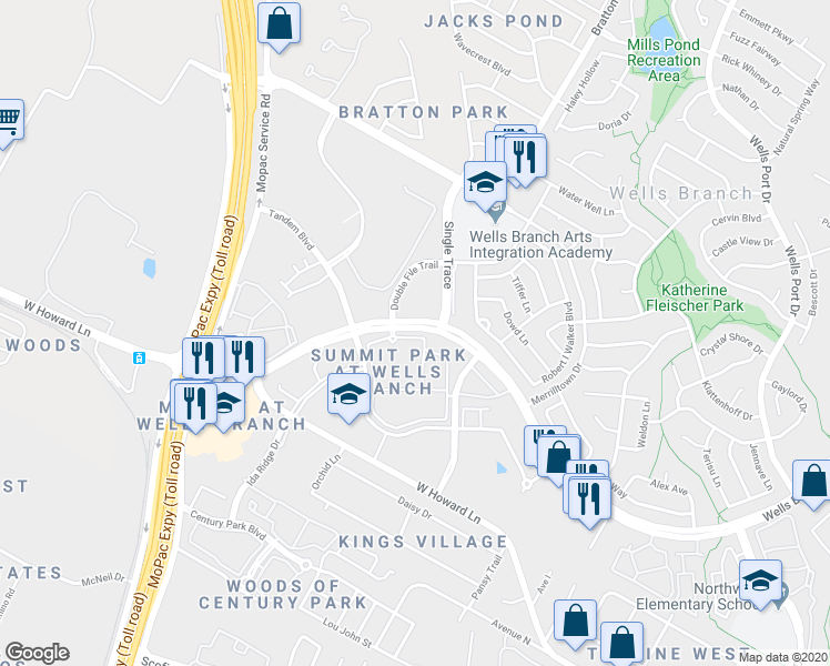 map of restaurants, bars, coffee shops, grocery stores, and more near 2801 Wells Branch Parkway in Austin