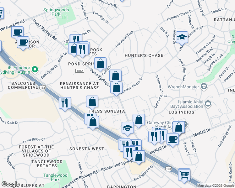 map of restaurants, bars, coffee shops, grocery stores, and more near Pond Springs Rd & Hunters Chase Dr in Austin