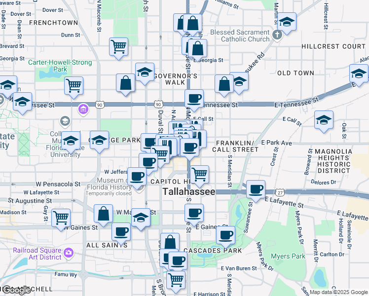 map of restaurants, bars, coffee shops, grocery stores, and more near 123 South Monroe Street in Tallahassee