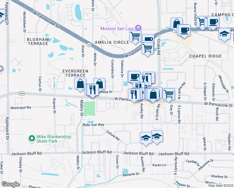 map of restaurants, bars, coffee shops, grocery stores, and more near 2207 Escambia Drive in Tallahassee