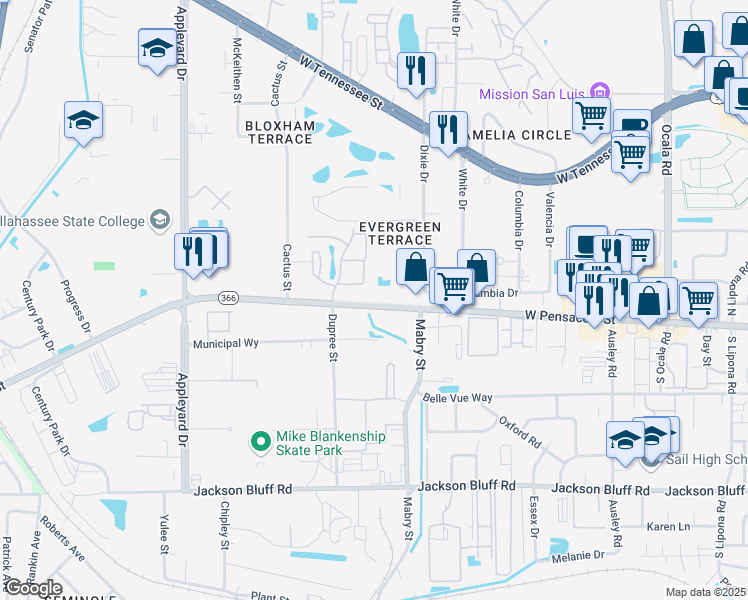 map of restaurants, bars, coffee shops, grocery stores, and more near 2640 West Pensacola Street in Tallahassee