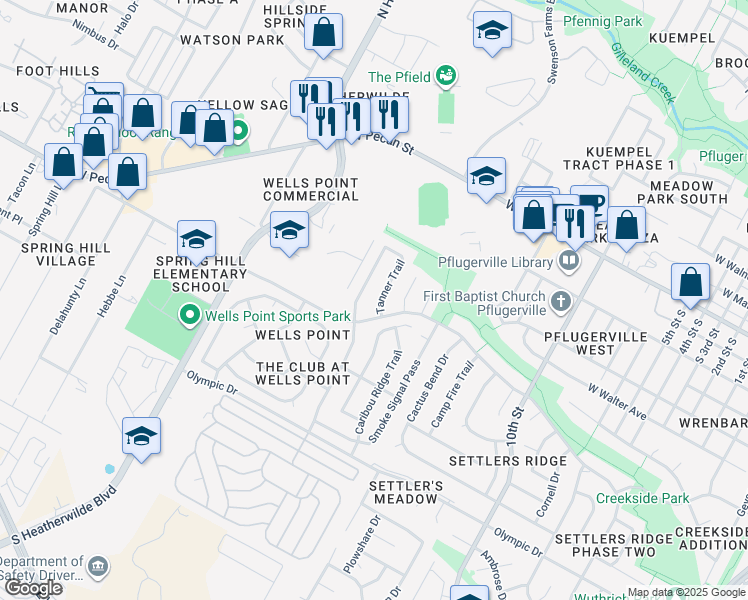 map of restaurants, bars, coffee shops, grocery stores, and more near 540 Broken Feather Trail in Pflugerville