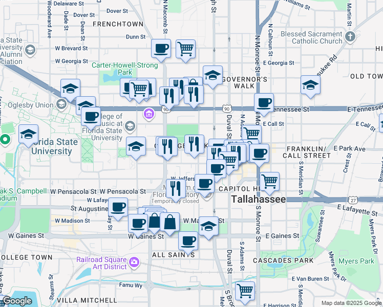 map of restaurants, bars, coffee shops, grocery stores, and more near 401 West Park Avenue in Tallahassee