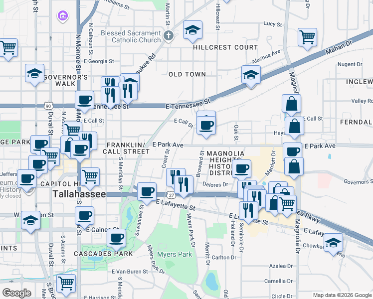 map of restaurants, bars, coffee shops, grocery stores, and more near 724 East College Avenue in Tallahassee