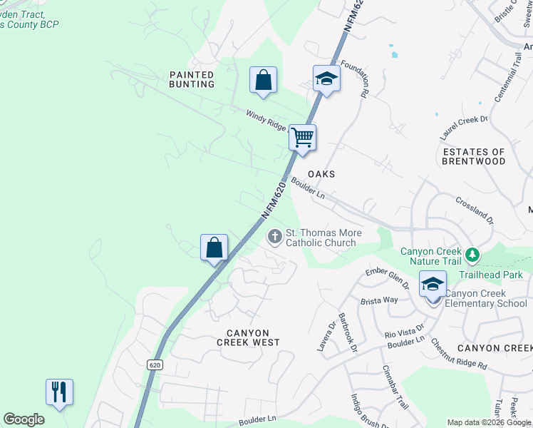 map of restaurants, bars, coffee shops, grocery stores, and more near Ranch Road 620 North in Austin
