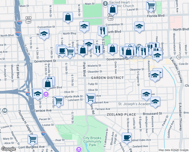 map of restaurants, bars, coffee shops, grocery stores, and more near 804 Camellia Avenue in Baton Rouge