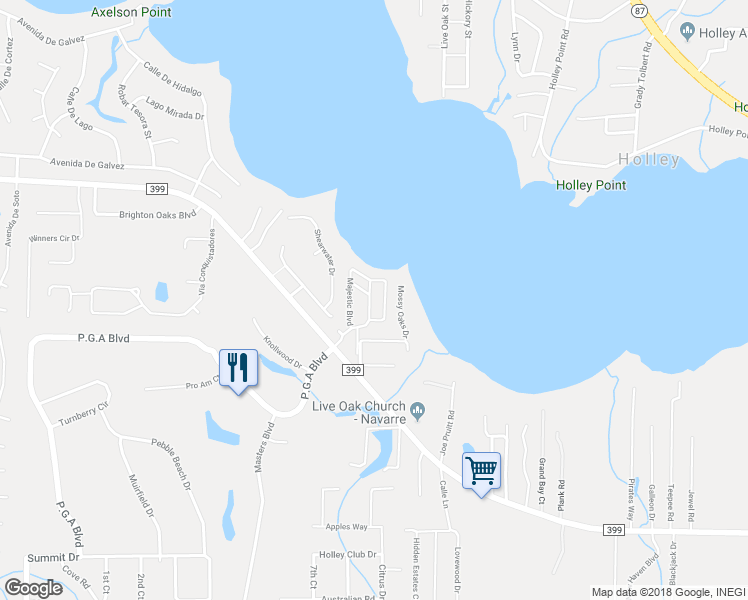 map of restaurants, bars, coffee shops, grocery stores, and more near 7170 Majestic Boulevard in Navarre