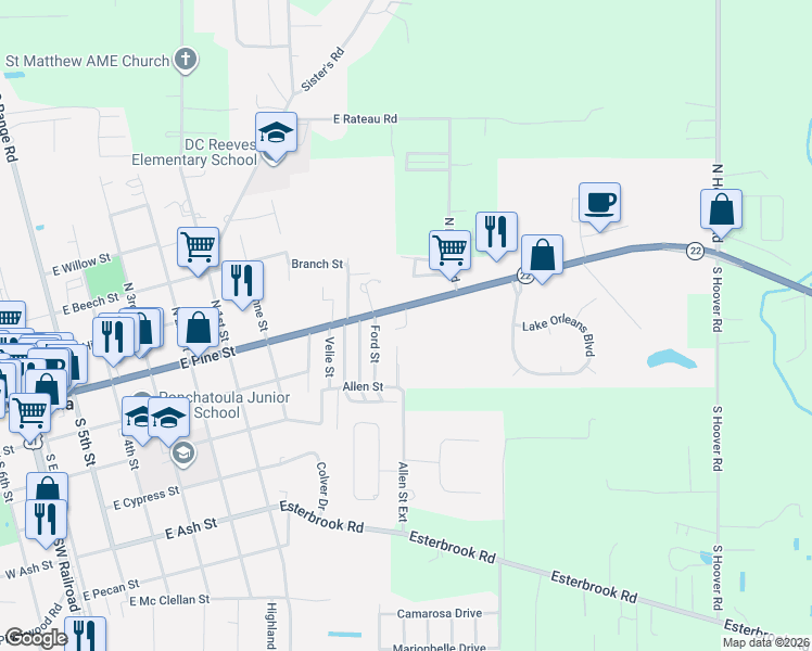 map of restaurants, bars, coffee shops, grocery stores, and more near Whispering Pines Trailer Park in Ponchatoula