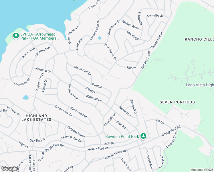 map of restaurants, bars, coffee shops, grocery stores, and more near 20713 North Ridge in Lago Vista