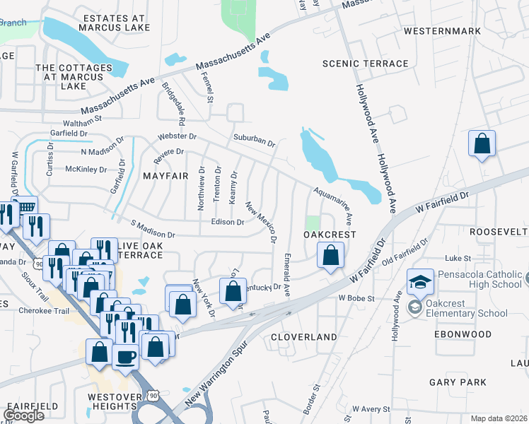map of restaurants, bars, coffee shops, grocery stores, and more near 1004 New Mexico Drive in Pensacola