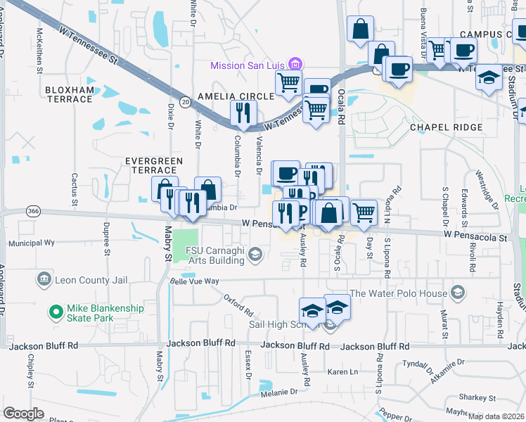 map of restaurants, bars, coffee shops, grocery stores, and more near 2166 West Pensacola Street in Tallahassee