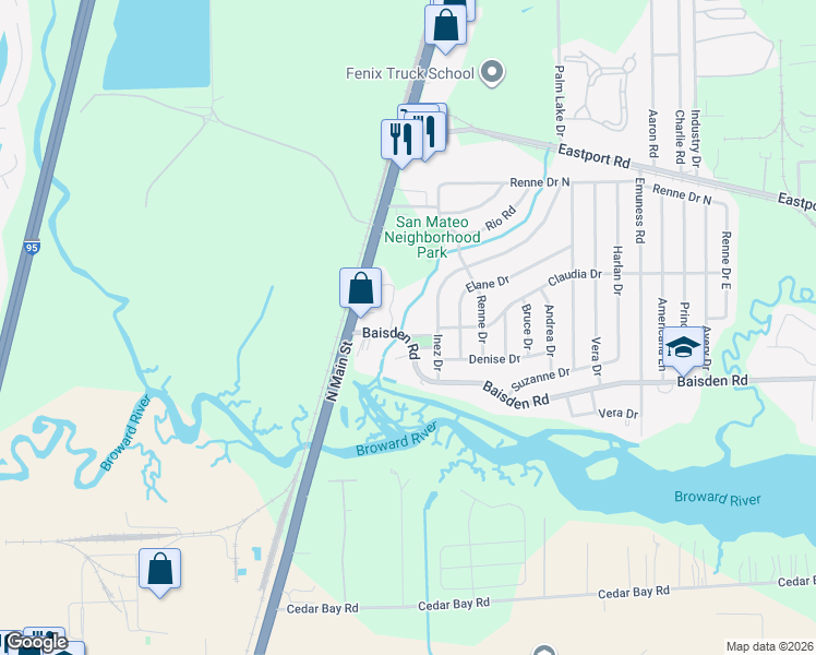 map of restaurants, bars, coffee shops, grocery stores, and more near 50 Baisden Road in Jacksonville