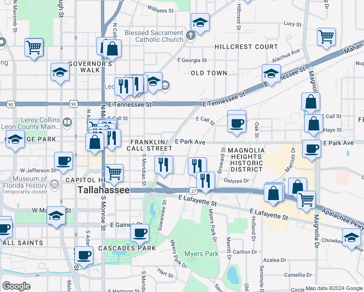 map of restaurants, bars, coffee shops, grocery stores, and more near 119 Crest Street in Tallahassee