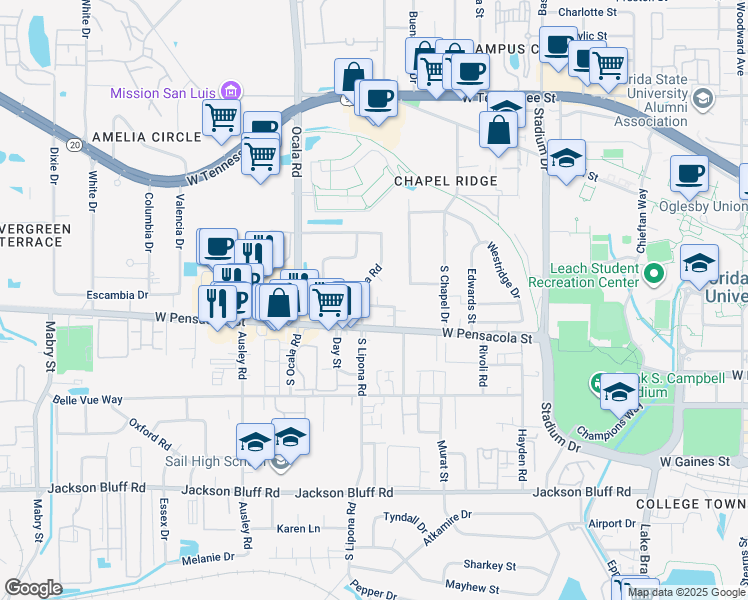 map of restaurants, bars, coffee shops, grocery stores, and more near 1857 Ivy Lane in Tallahassee