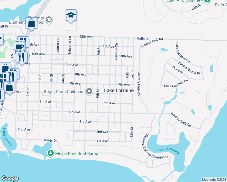 map of restaurants, bars, coffee shops, grocery stores, and more near 40 10th Street in Shalimar