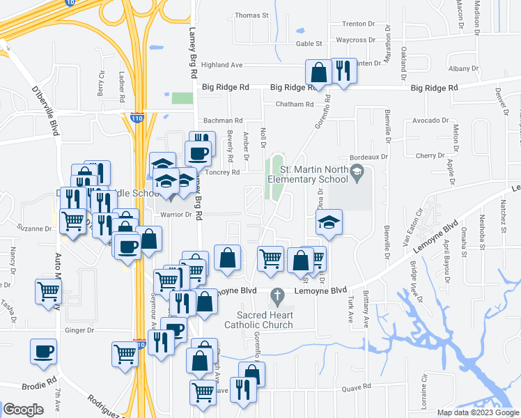 map of restaurants, bars, coffee shops, grocery stores, and more near 620 Orchard Drive in D'Iberville