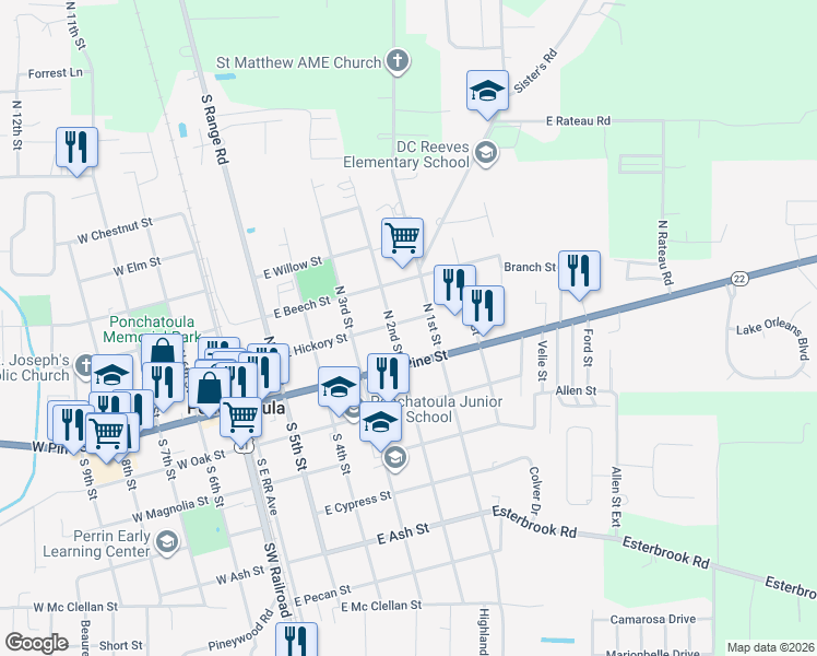 map of restaurants, bars, coffee shops, grocery stores, and more near 126 North 2nd Street in Ponchatoula