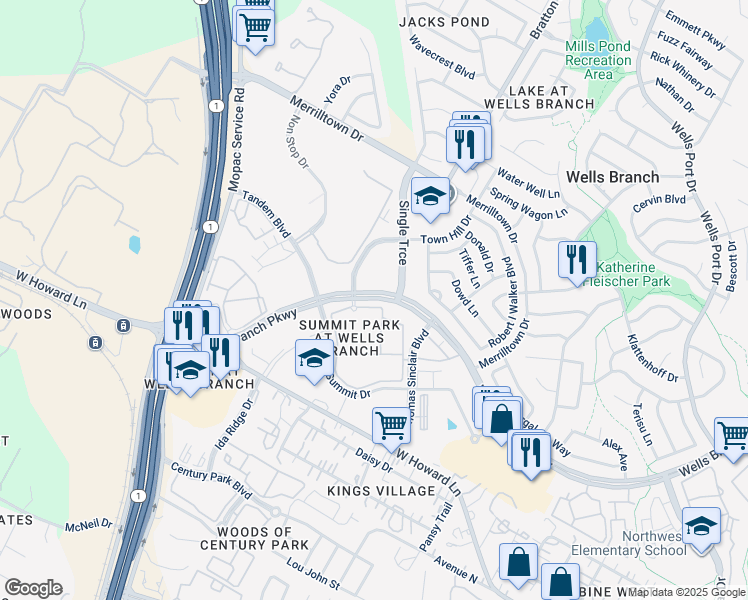 map of restaurants, bars, coffee shops, grocery stores, and more near 2801 Wells Branch Parkway in Austin