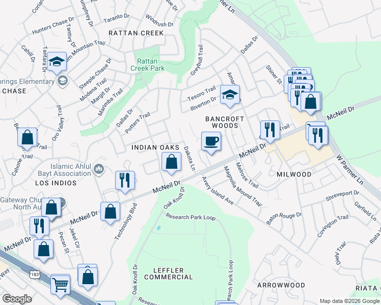 map of restaurants, bars, coffee shops, grocery stores, and more near 12728 Dakota Lane in Austin