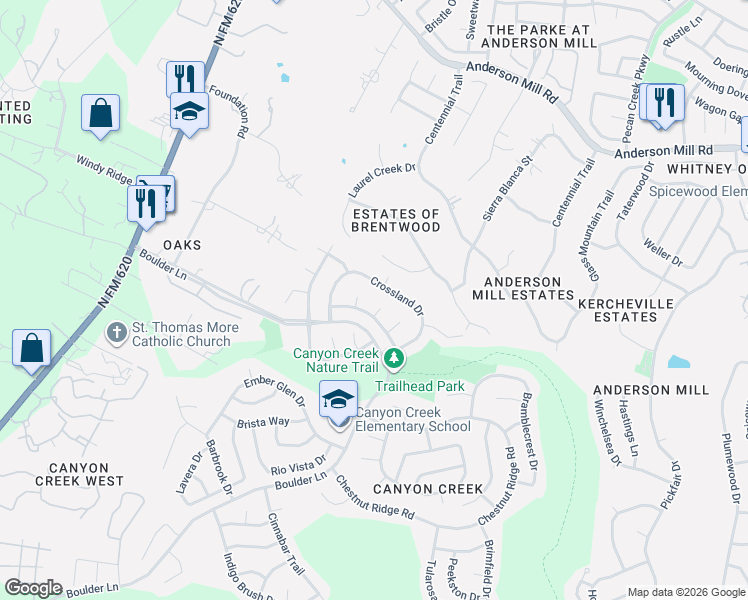 map of restaurants, bars, coffee shops, grocery stores, and more near 10601 Cranford Court in Austin