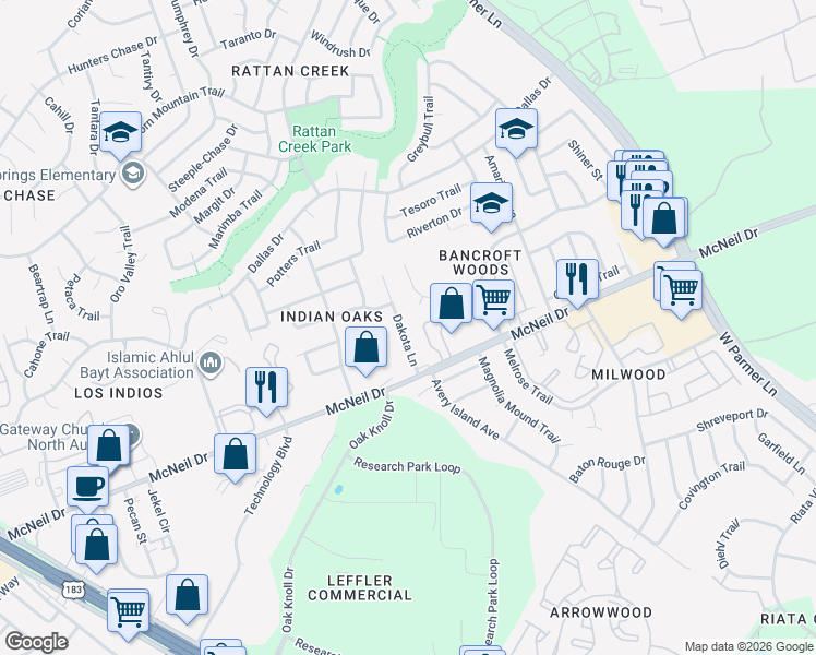 map of restaurants, bars, coffee shops, grocery stores, and more near 12728 Dakota Lane in Austin