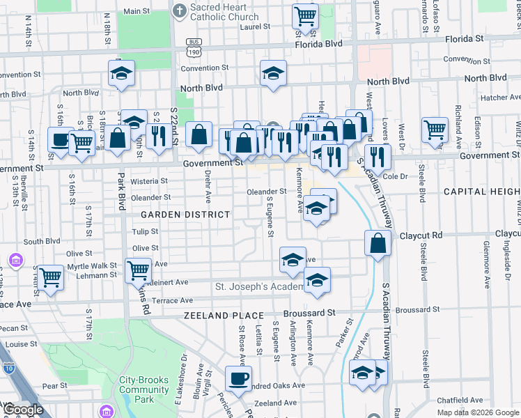 map of restaurants, bars, coffee shops, grocery stores, and more near 2621 McGrath Avenue in Baton Rouge