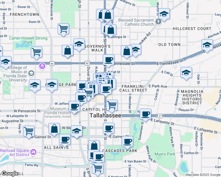 map of restaurants, bars, coffee shops, grocery stores, and more near 209 East Park Avenue in Tallahassee