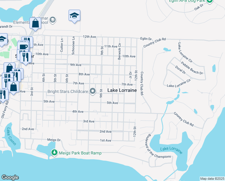map of restaurants, bars, coffee shops, grocery stores, and more near 45 10th Street in Shalimar