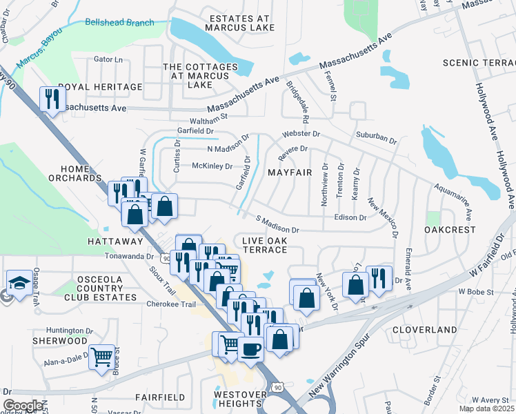 map of restaurants, bars, coffee shops, grocery stores, and more near 403 Edison Drive in Pensacola