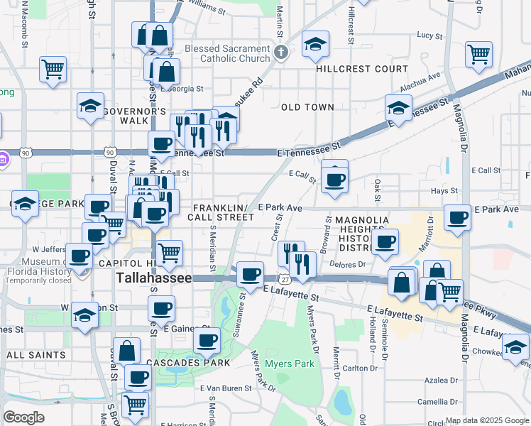 map of restaurants, bars, coffee shops, grocery stores, and more near 630 East College Avenue in Tallahassee