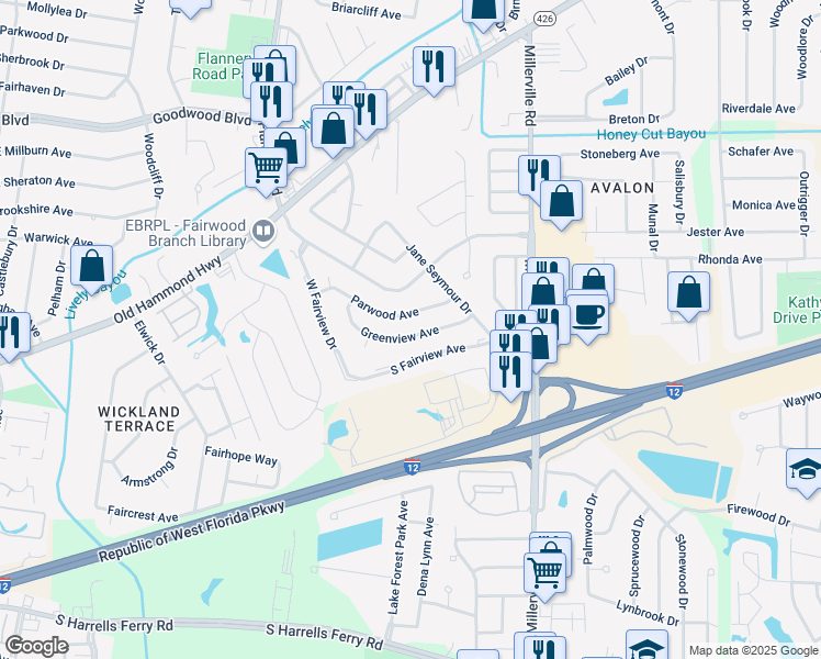 map of restaurants, bars, coffee shops, grocery stores, and more near 13524 Greenview Avenue in Baton Rouge