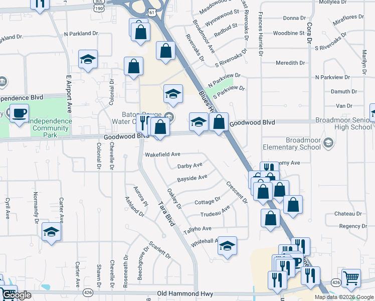 map of restaurants, bars, coffee shops, grocery stores, and more near 8836 Wakefield Avenue in Baton Rouge