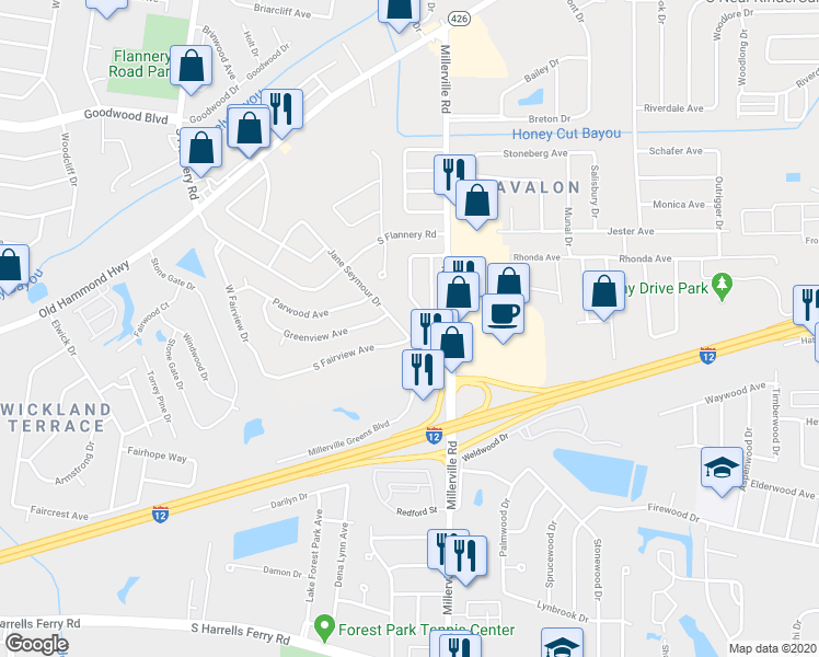 map of restaurants, bars, coffee shops, grocery stores, and more near 14297 Jane Seymour Drive in Baton Rouge
