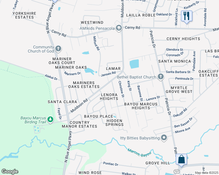 map of restaurants, bars, coffee shops, grocery stores, and more near 3120 Muldoon Road in Pensacola