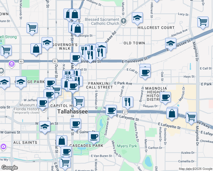 map of restaurants, bars, coffee shops, grocery stores, and more near 110 South Franklin Boulevard in Tallahassee