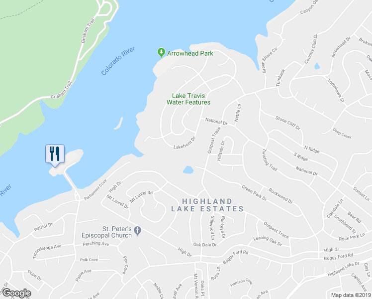 map of restaurants, bars, coffee shops, grocery stores, and more near 21469 Lakefront Drive in Lago Vista