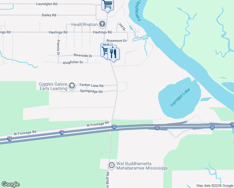 map of restaurants, bars, coffee shops, grocery stores, and more near 6937 Martin Bluff Road in Gautier