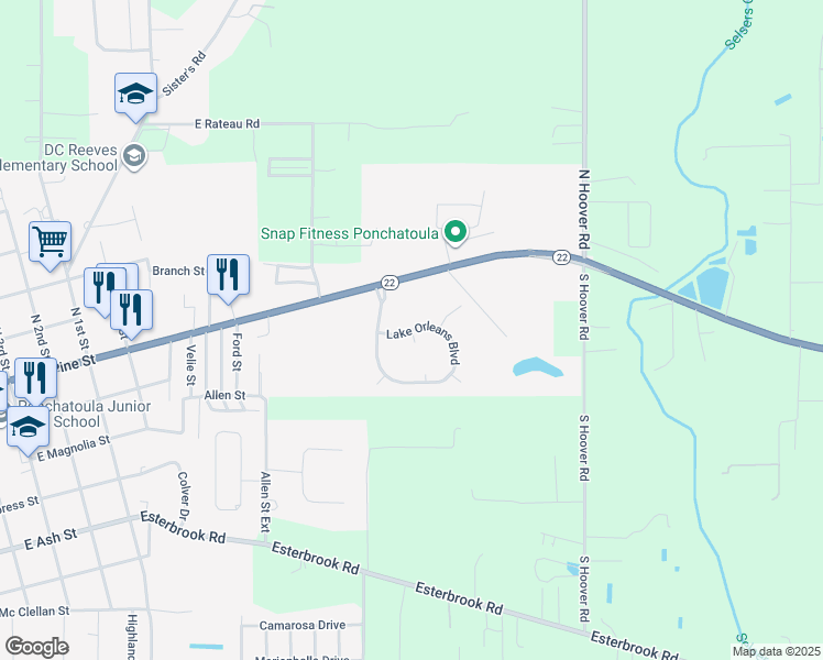 map of restaurants, bars, coffee shops, grocery stores, and more near Lake Orleans Boulevard in Ponchatoula