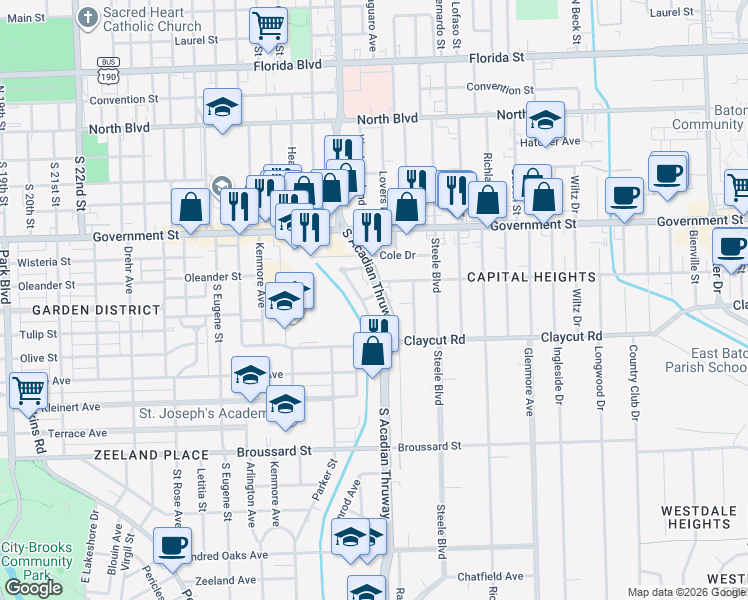 map of restaurants, bars, coffee shops, grocery stores, and more near 744D Marie Drive in Baton Rouge