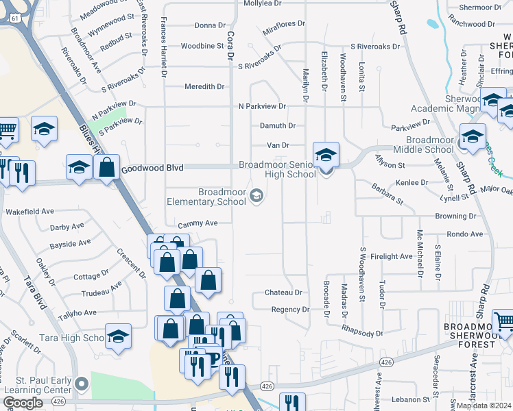 map of restaurants, bars, coffee shops, grocery stores, and more near 9650 Goodwood Boulevard in Baton Rouge