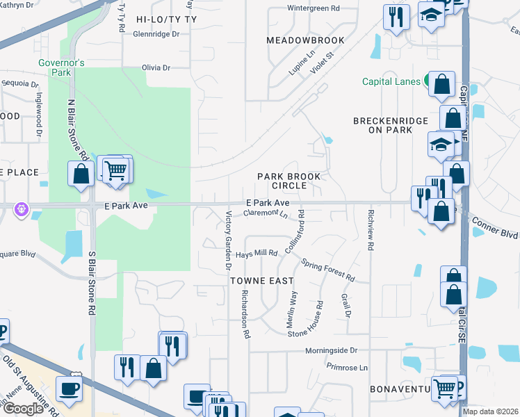 map of restaurants, bars, coffee shops, grocery stores, and more near 581 Chicopee Court in Tallahassee