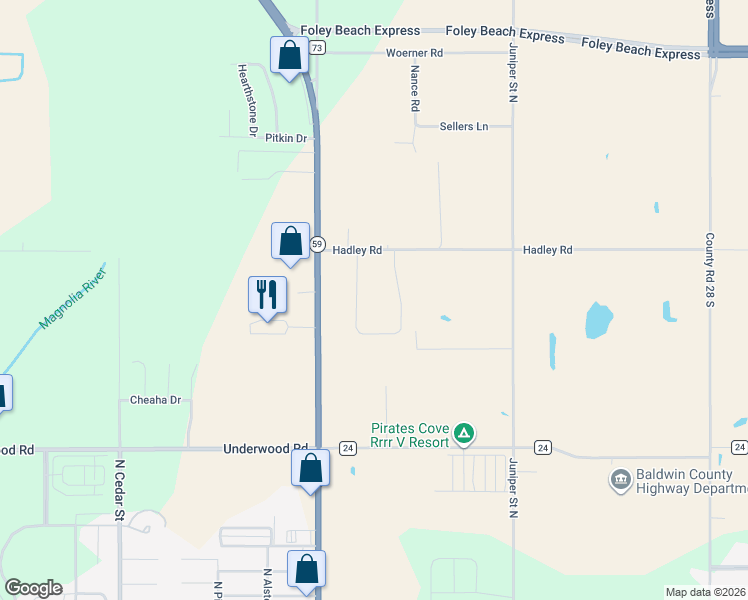 map of restaurants, bars, coffee shops, grocery stores, and more near 20148 Hadley Road in Foley